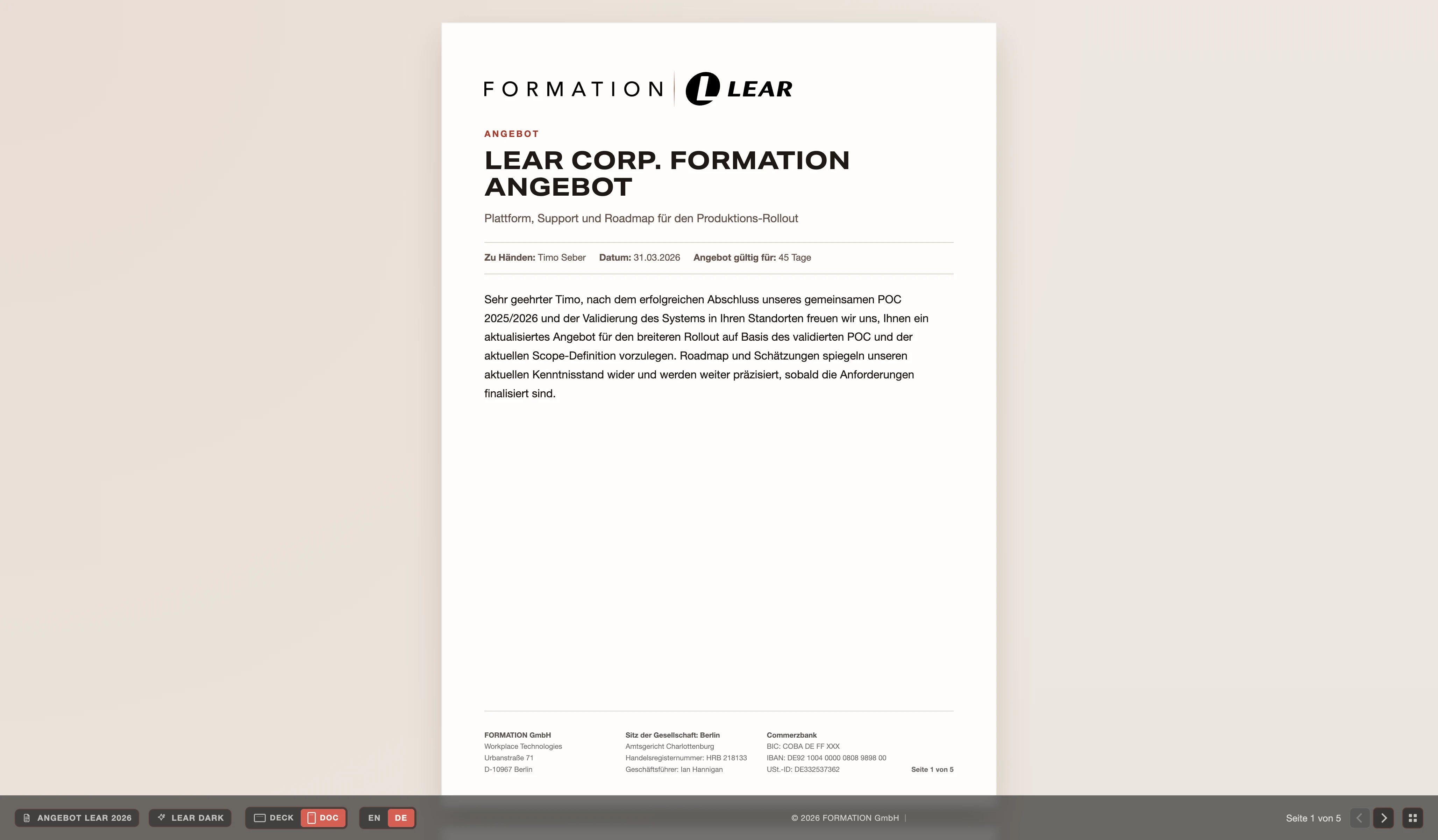 A generated LEAR offer document in DECK/DOCS document mode